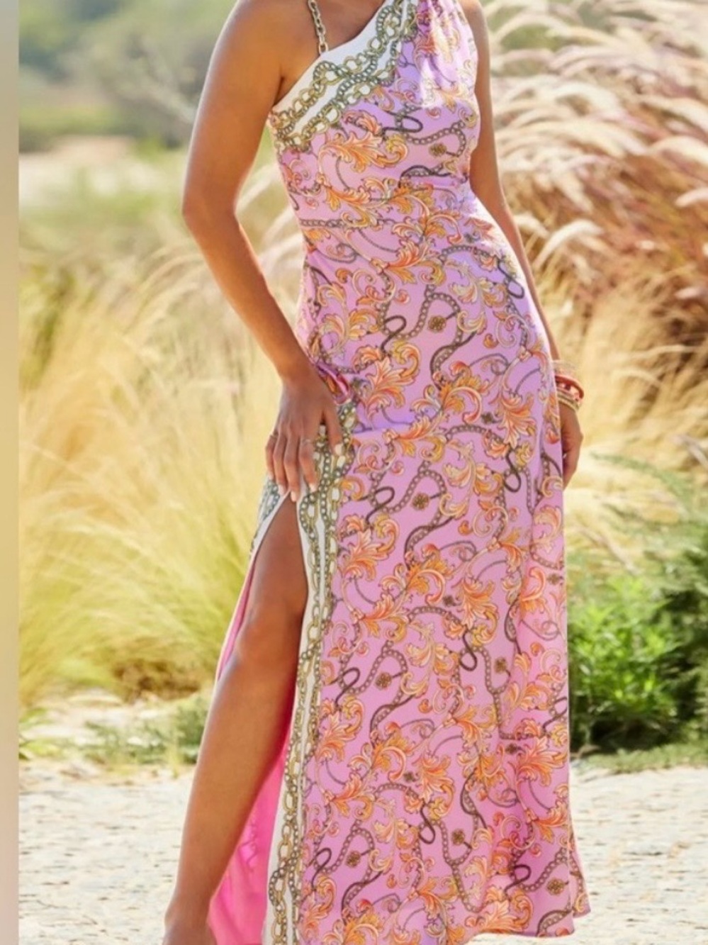 NWT Boston Proper One-Shoulder Floral Chain-Trim Maxi Dress